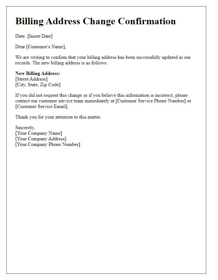 Letter template of billing address change confirmation letter.