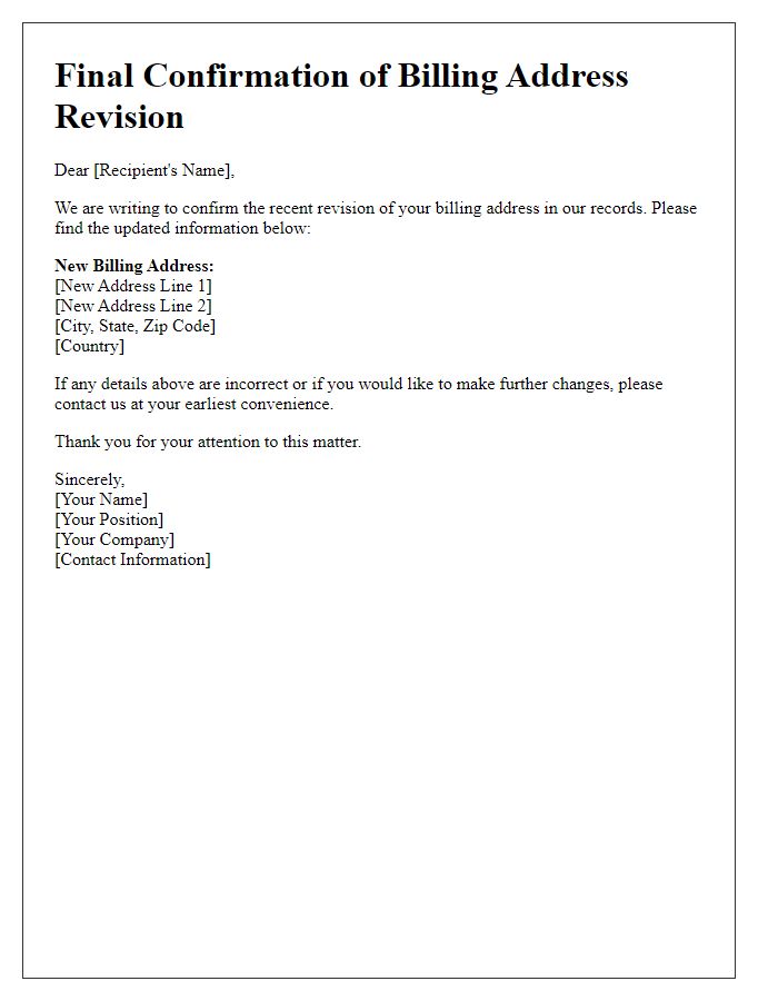 Letter template of final confirmation for billing address revision.