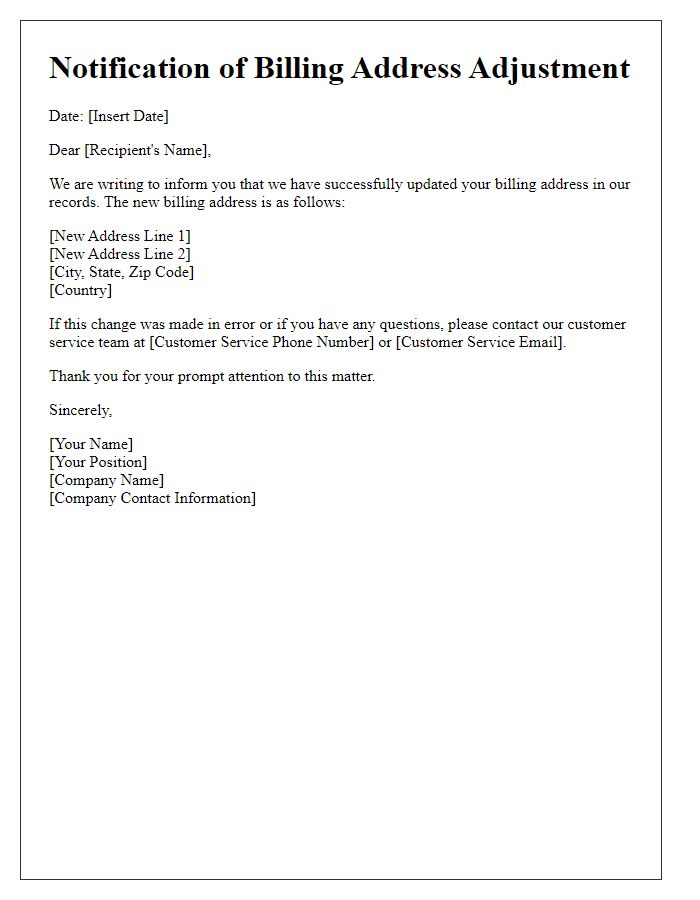 Letter template of notification regarding billing address adjustment.