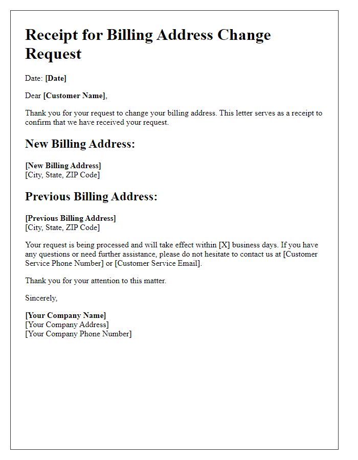 Letter template of receipt for billing address change request.