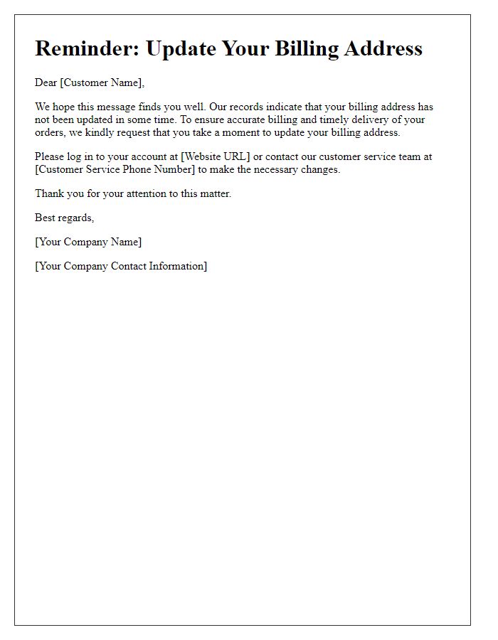 Letter template of reminder for billing address update.