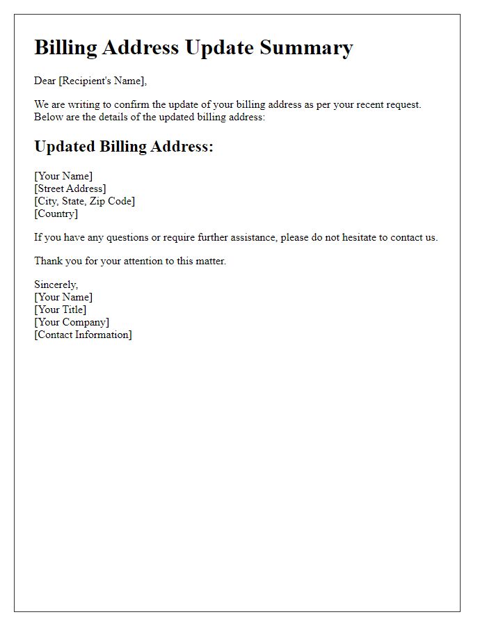 Letter template of summary for updated billing address details.