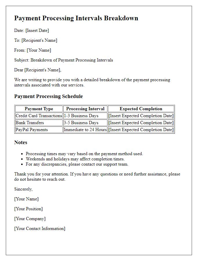 Letter template of breakdown on payment processing intervals.