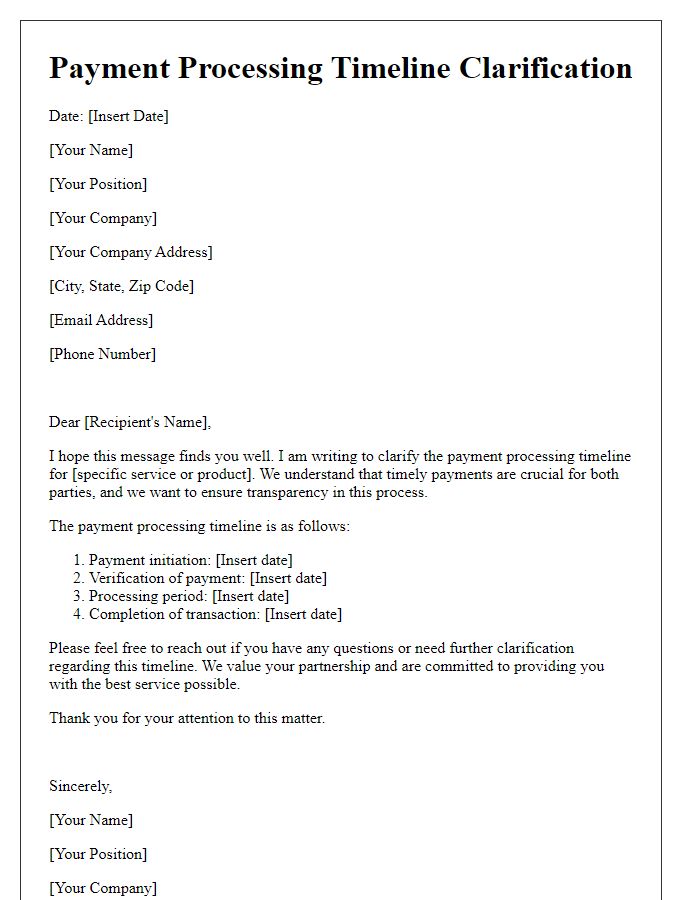 Letter template of payment processing timeline clarification.