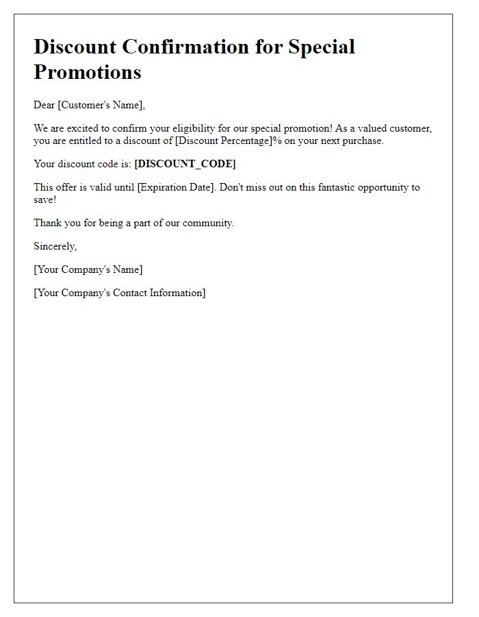 Letter template of discount confirmation for special promotions.