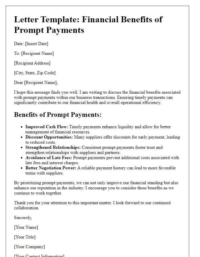 Letter template of financial benefits of prompt payments.