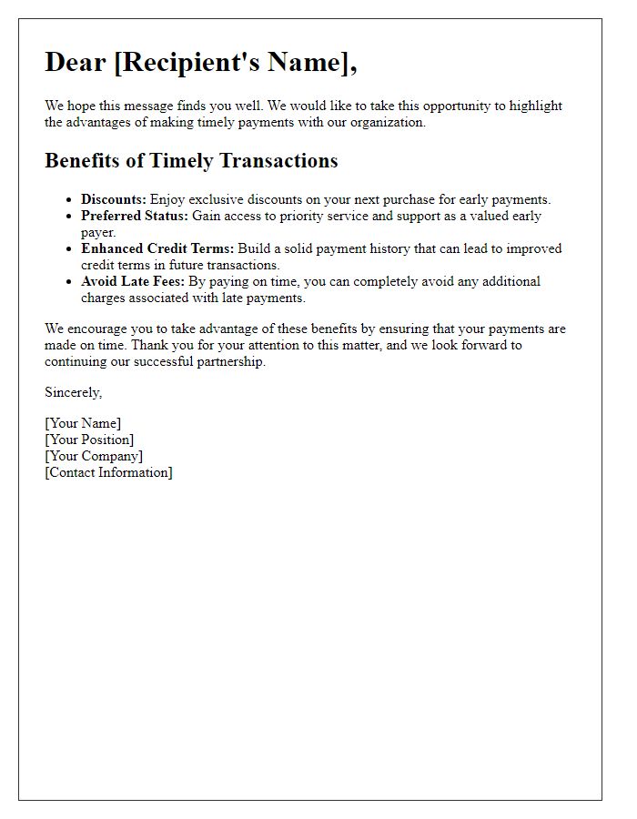 Letter template of payment advantages for timely transactions.