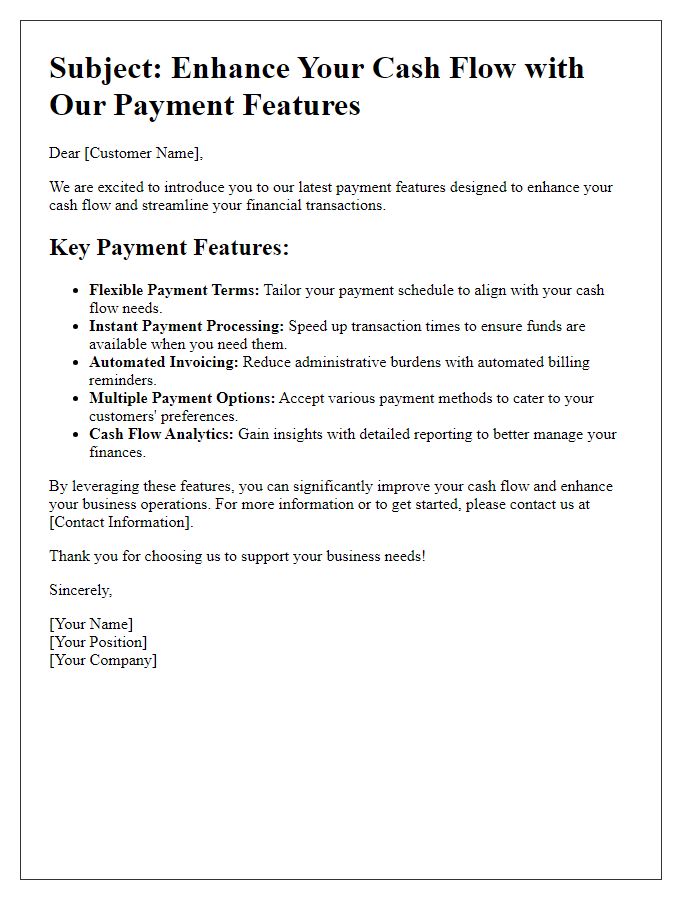 Letter template of payment features that enhance cash flow.