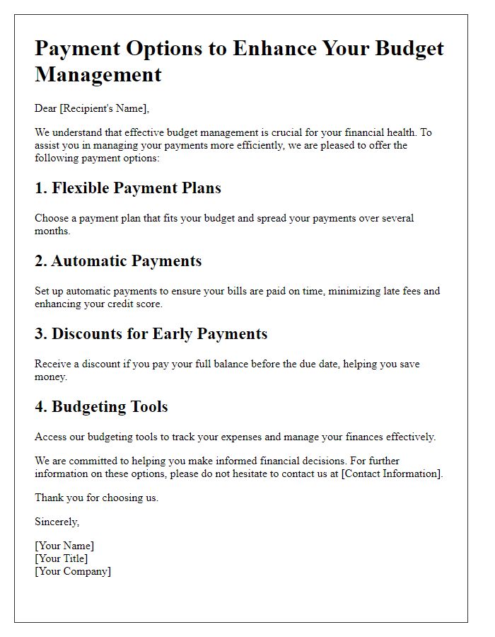 Letter template of payment options that improve budget management.