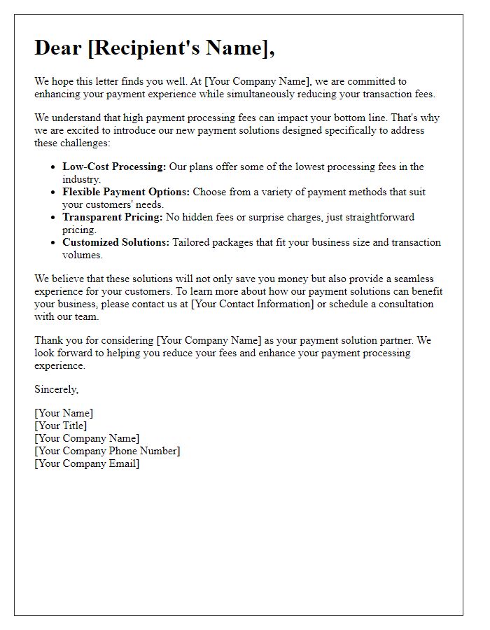 Letter template of payment solutions aimed at reducing fees.