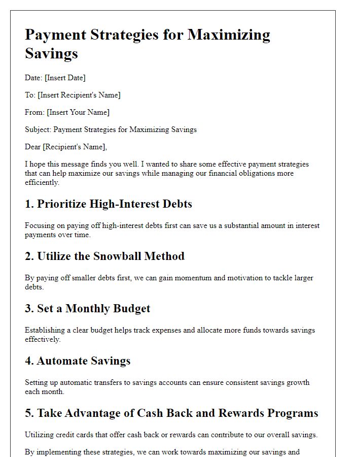 Letter template of payment strategies for maximizing savings.