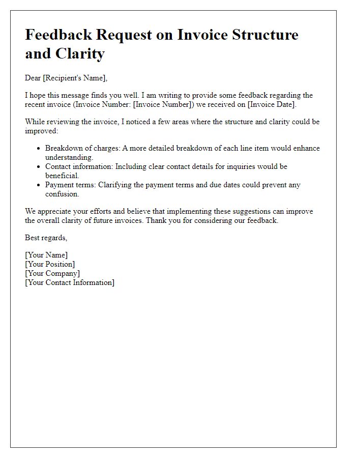 Letter template of feedback on invoice structure and clarity request.