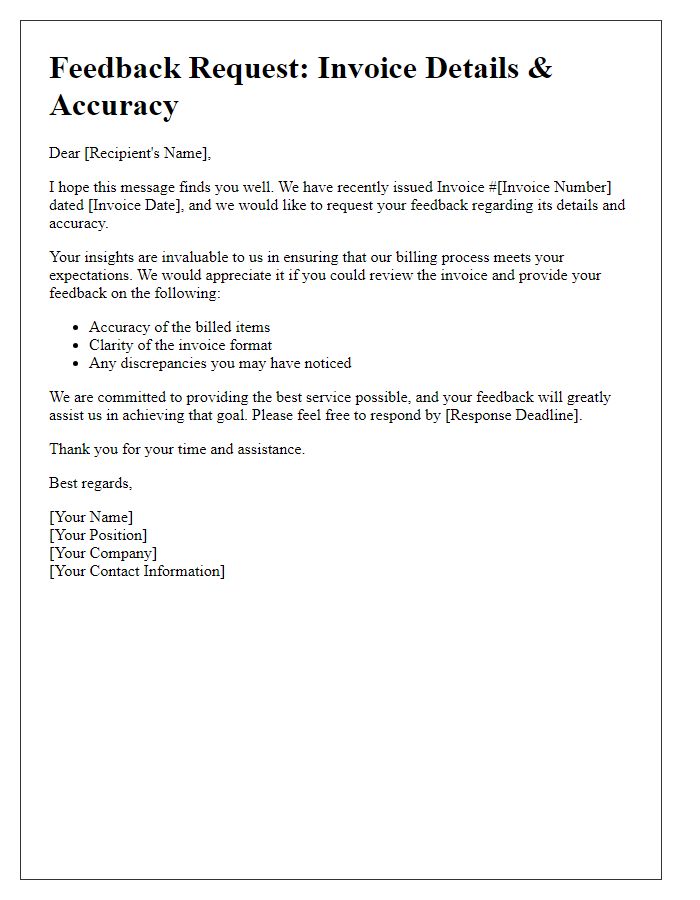 Letter template of feedback request regarding invoice details and accuracy.