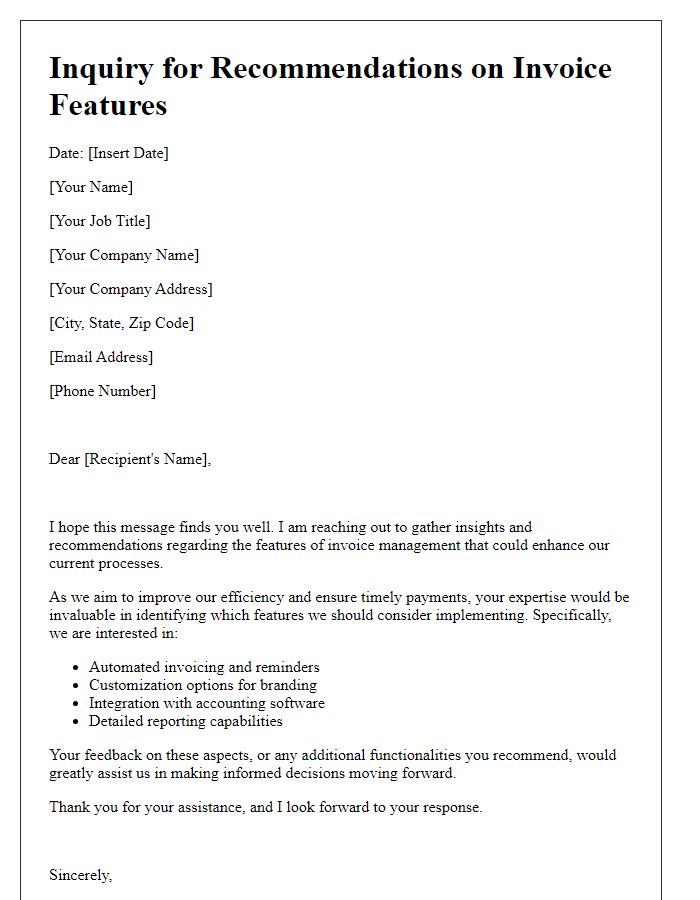 Letter template of inquiry for recommendations on invoice features.
