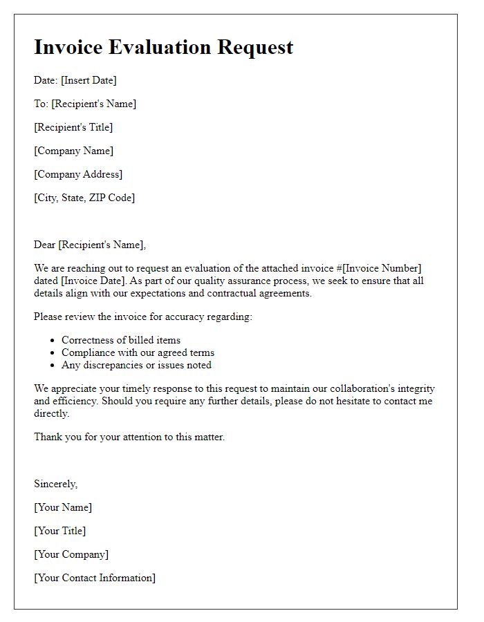 Letter template of invoice evaluation request for quality assurance.