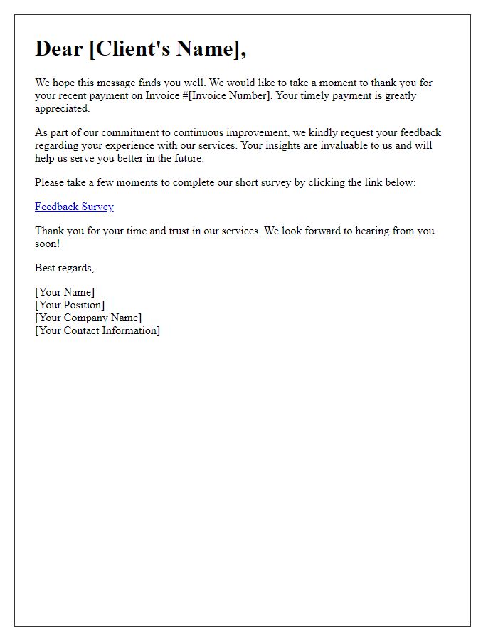 Letter template of invoice feedback request for client satisfaction review.