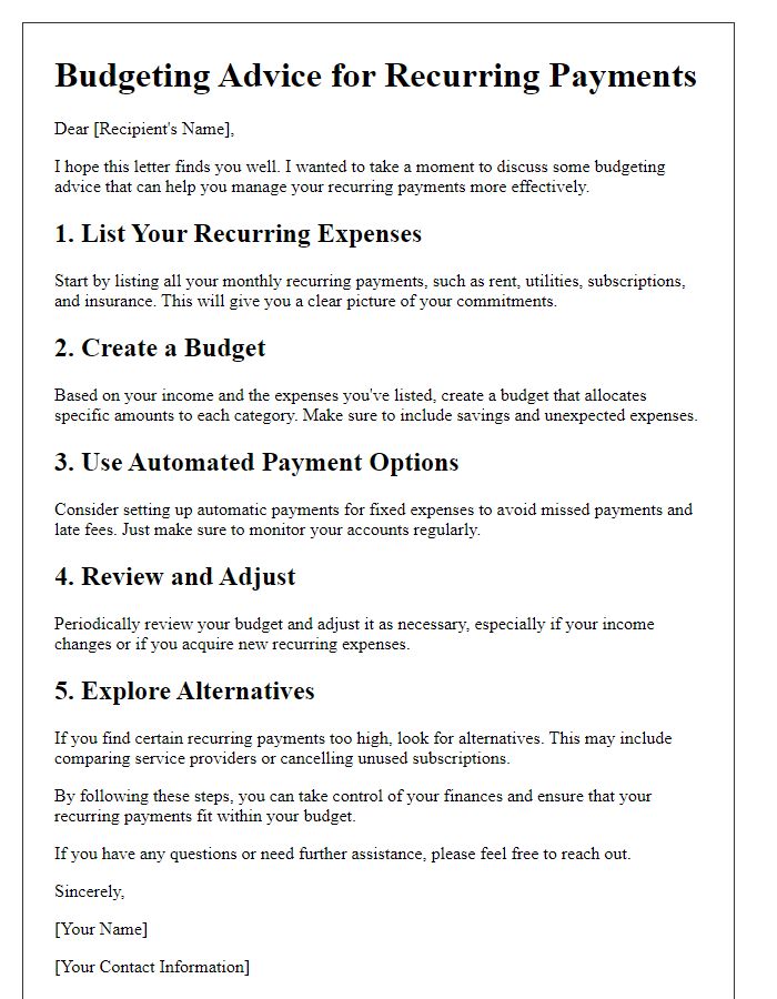 Letter template of budgeting advice for recurring payments.