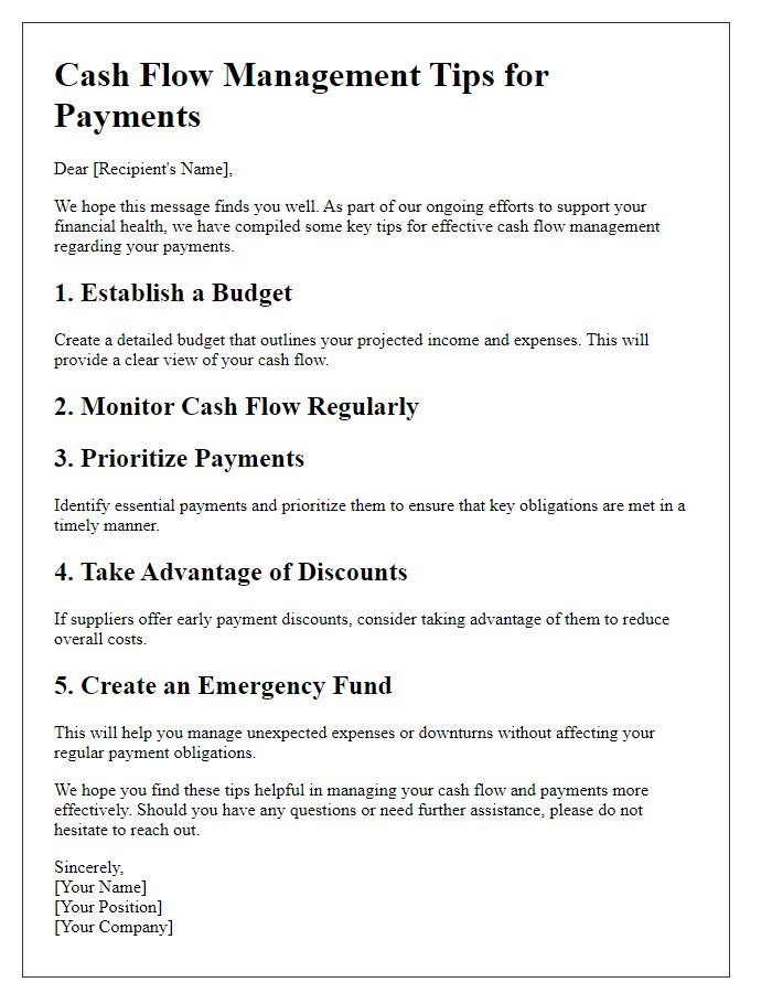 Letter template of cash flow management tips for payments.