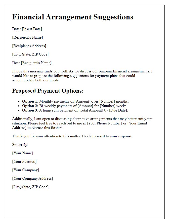 Letter template of financial arrangement suggestions for payments.