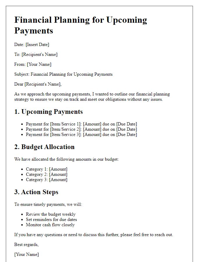 Letter template of financial planning for upcoming payments.