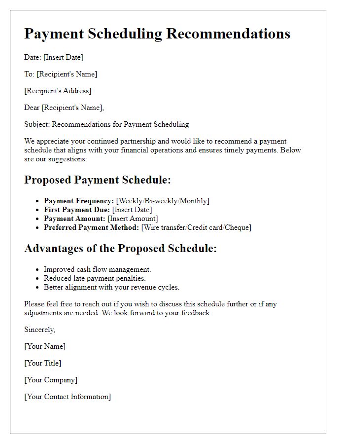 Letter template of payment scheduling recommendations.