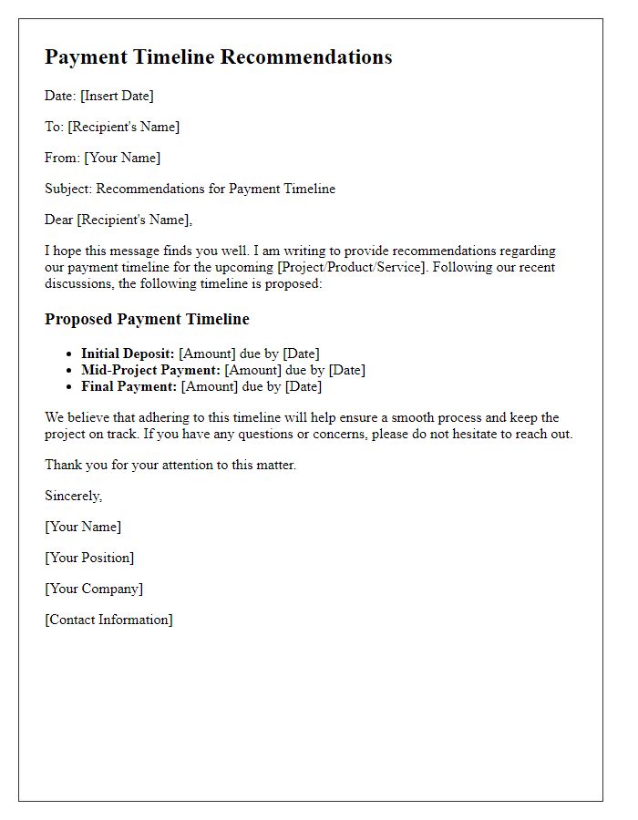 Letter template of payment timeline recommendations.