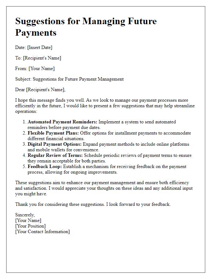 Letter template of suggestions for managing future payments.