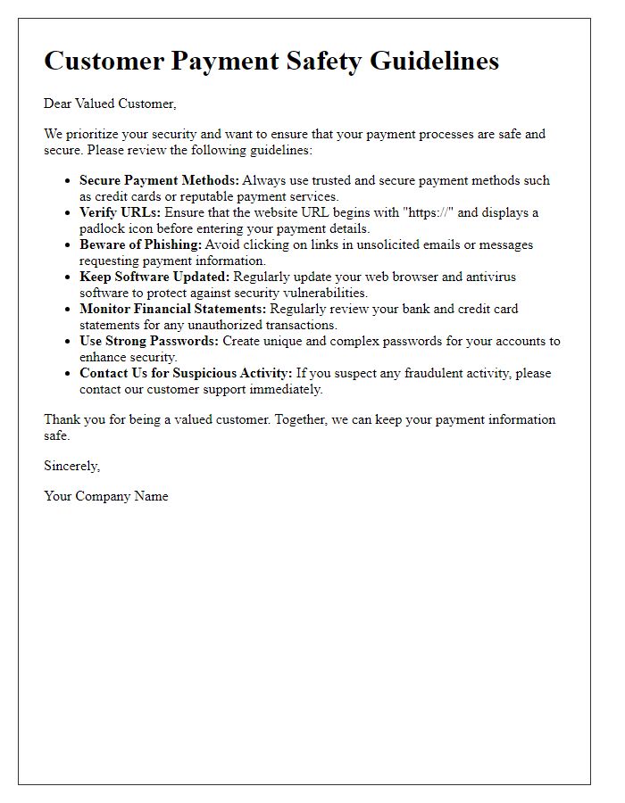 Letter template of customer payment safety guidelines.