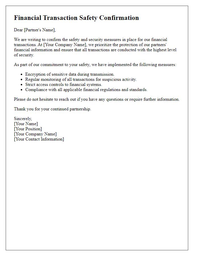 Letter template of financial transaction safety confirmation for partners.