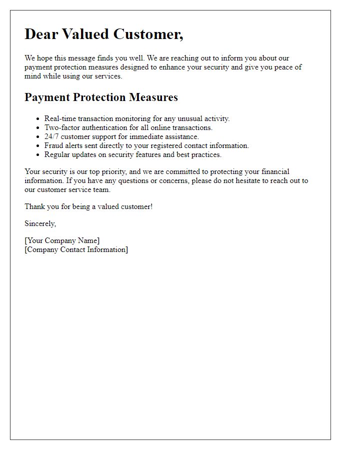 Letter template of payment protection measures for customers.