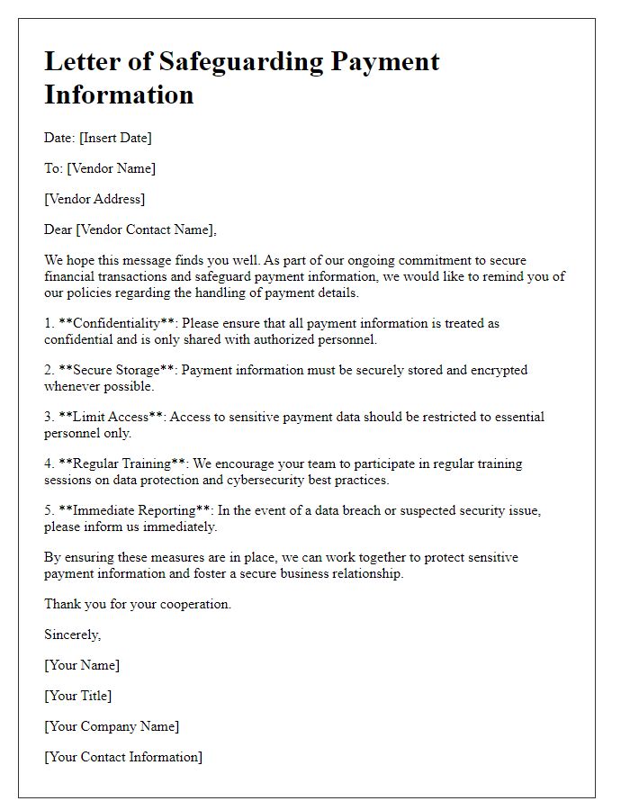 Letter template of safeguarding payment information for vendors.