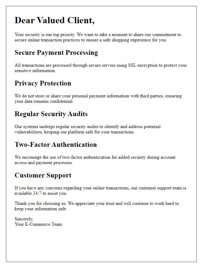 Letter template of secure online transaction practices for e-commerce clients.