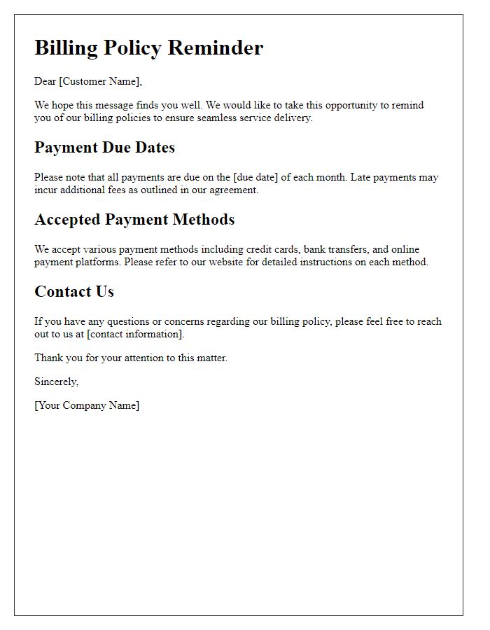 Letter template of billing policy reminders for customers.