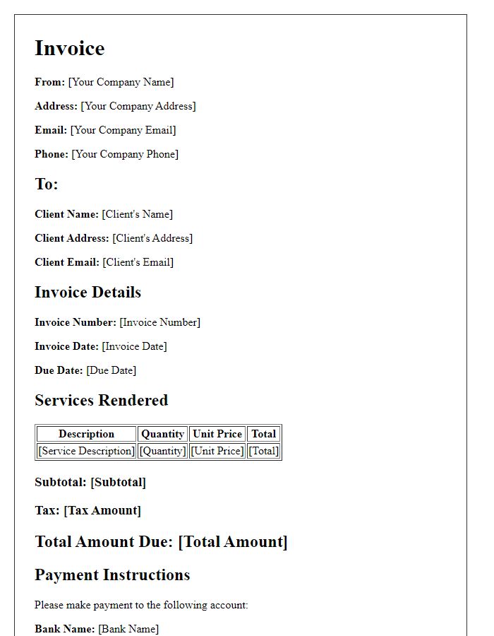 Letter template of client invoicing and payment outline.