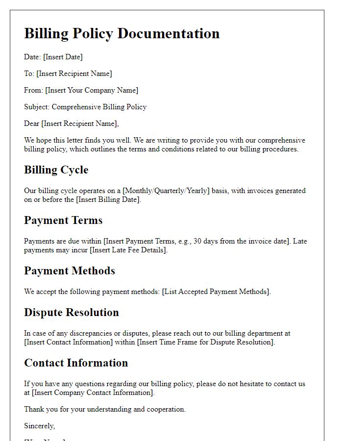 Letter template of comprehensive billing policy documentation.