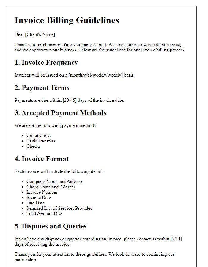 Letter template of invoice billing guidelines for clients.