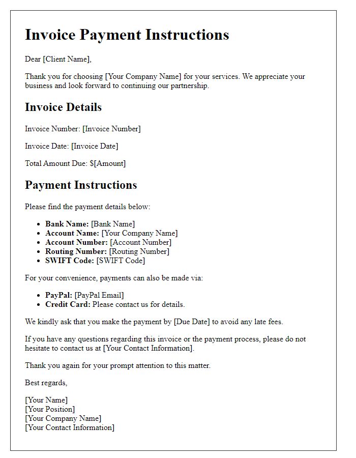 Letter template of invoice payment instructions for services.