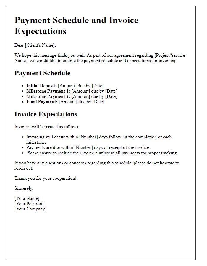 Letter template of payment schedule and invoice expectations.