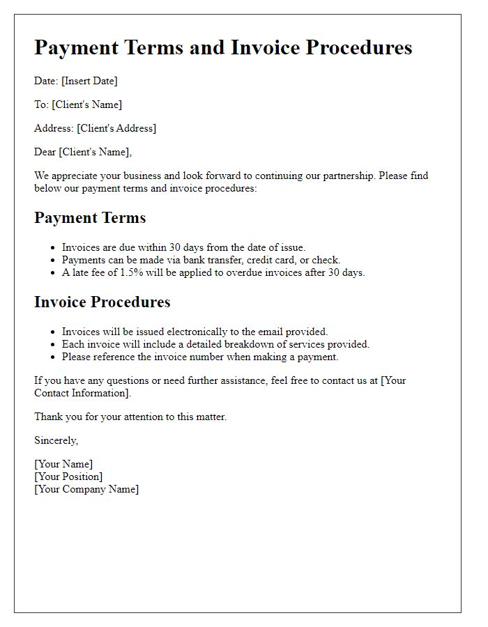 Letter template of payment terms and invoice procedures.