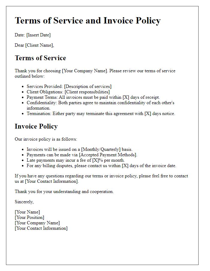 Letter template of terms of service and invoice policy.