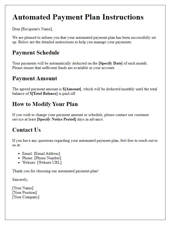 Letter template of automated payment plan instructions.