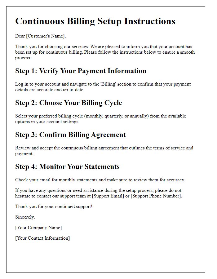 Letter template of continuous billing setup instructions.