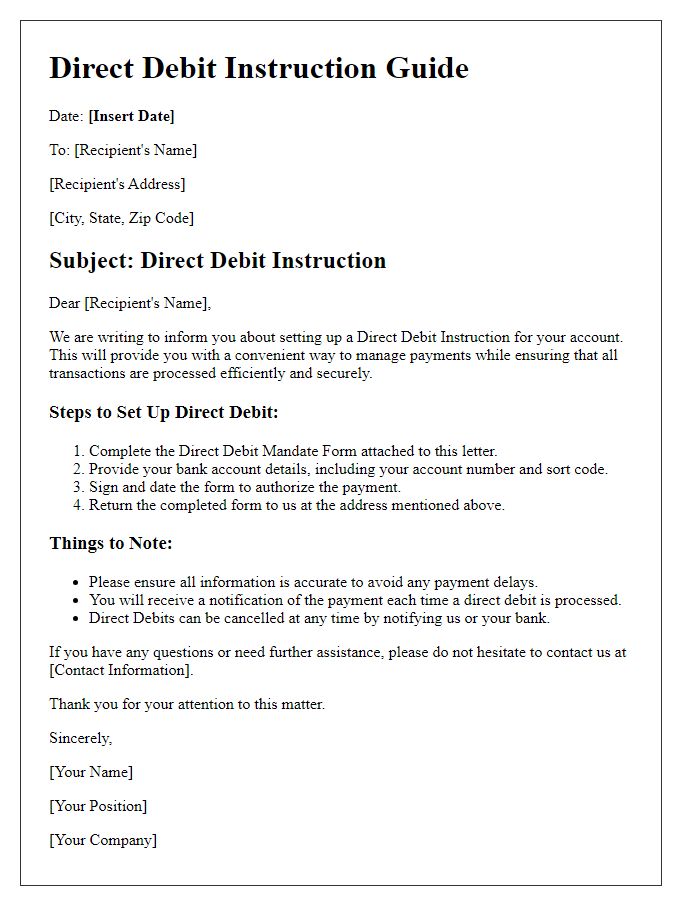 Letter template of direct debit instruction guide.