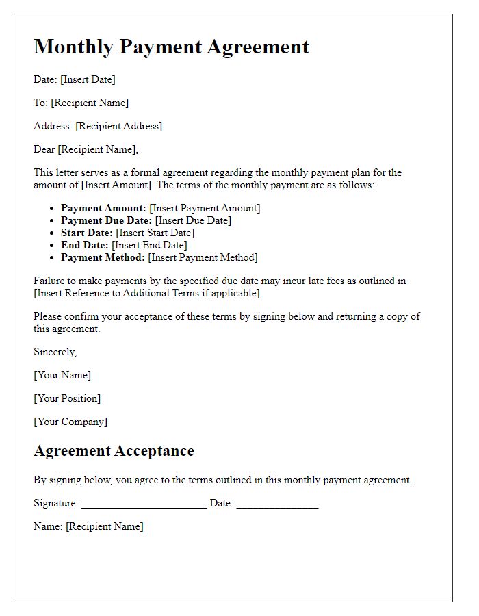 Letter template of monthly payment agreement details.