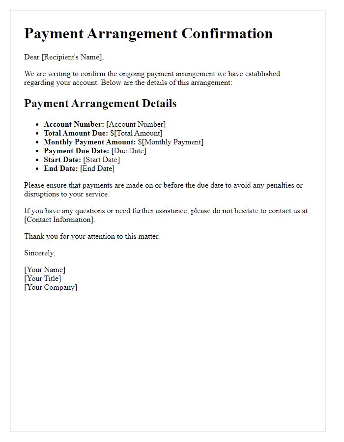 Letter template of ongoing payment arrangement details.