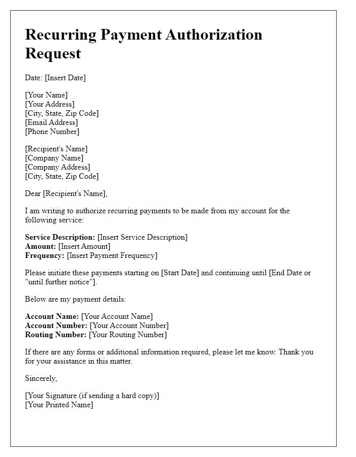 Letter template of recurring payment authorization request.