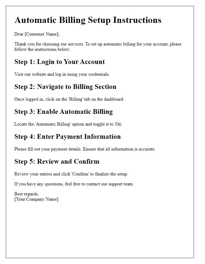 Letter template of setup instructions for automatic billing.