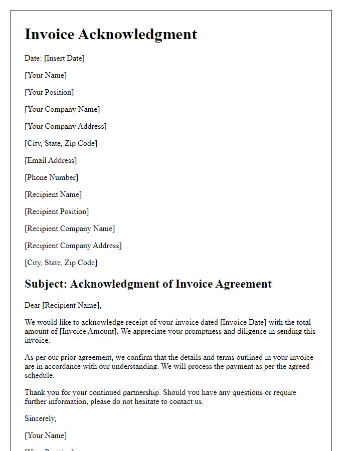 Letter template of acknowledgment for prior invoice agreement.