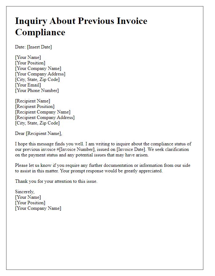 Letter template of inquiry about previous invoice compliance.