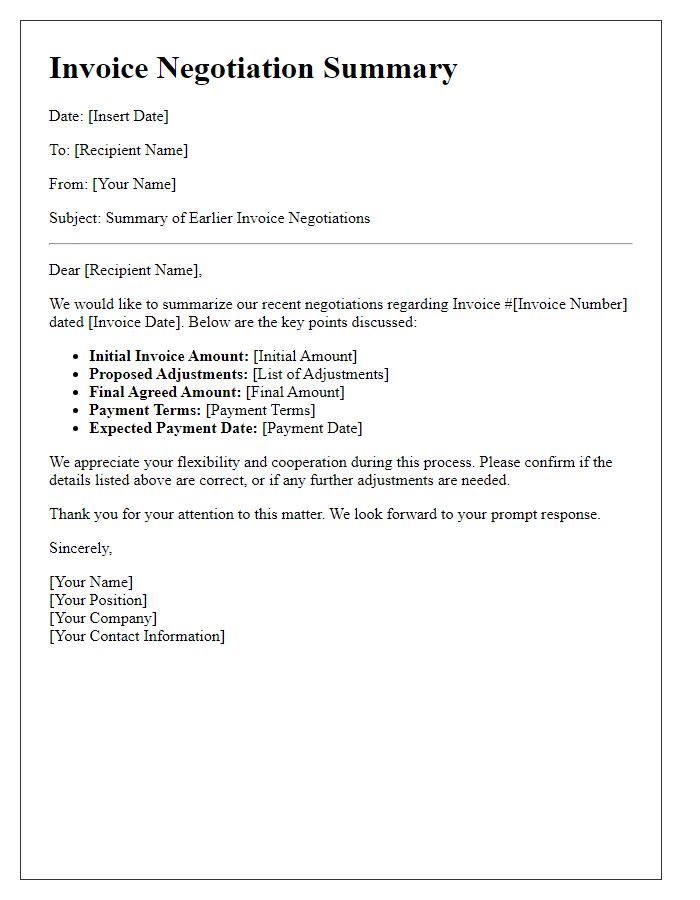 Letter template of summary for earlier invoice negotiations.